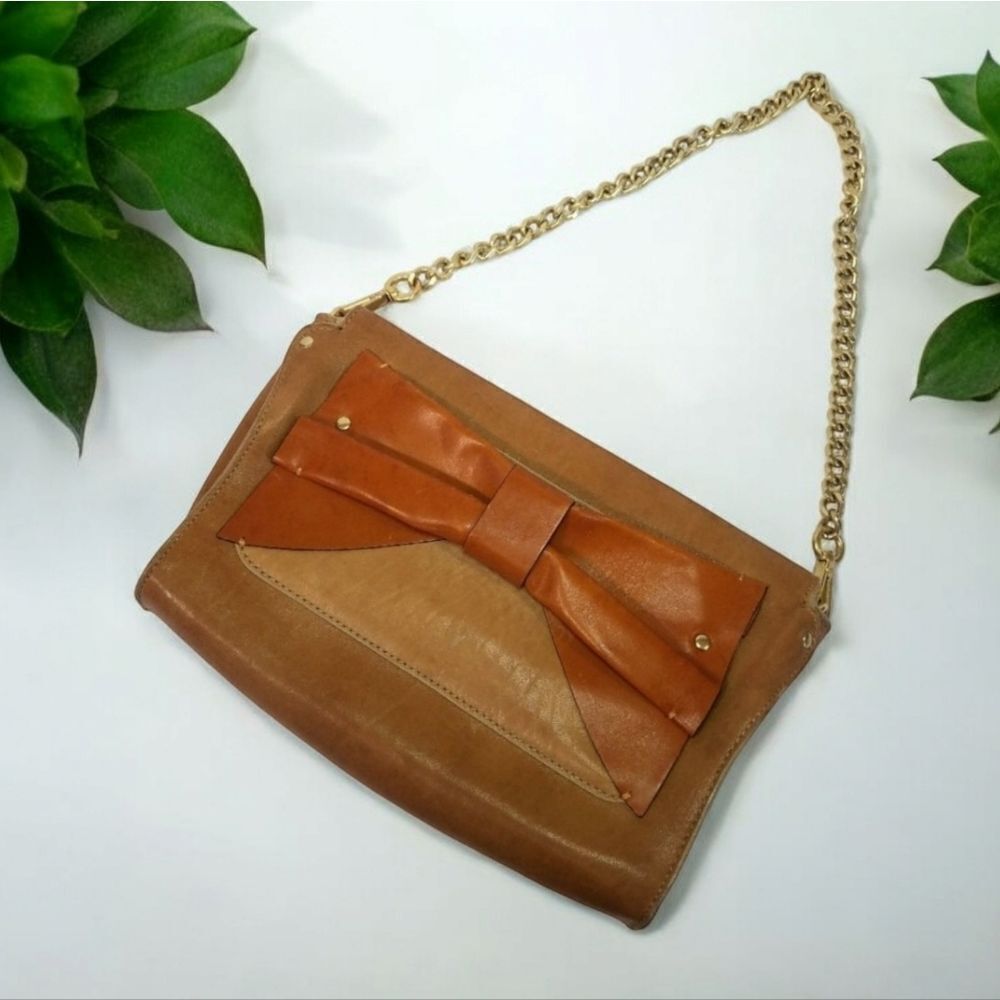 Nanette Lepore Brown Leather Bow Shoulder Bag Detachable Chain Strap